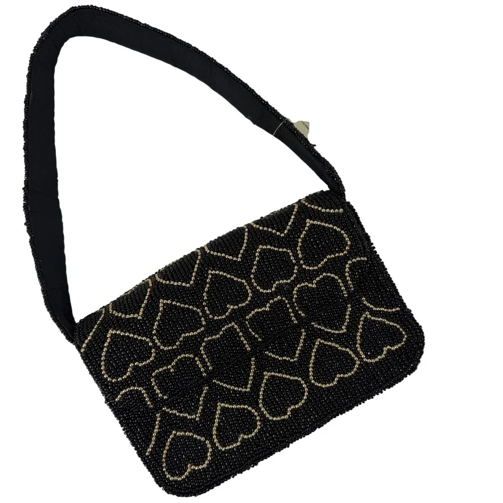 New Handcrafted Black Gold Beaded Heart Shoulder Bag Evening Purse‎ NWT